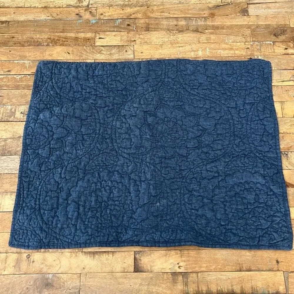Pottery Barn Blue Linen Standard Pillow Cover Sham Quilted 26 X 20